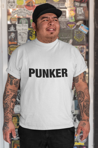 Man wearing a white t-shirt that says "PUNKER" on the front.